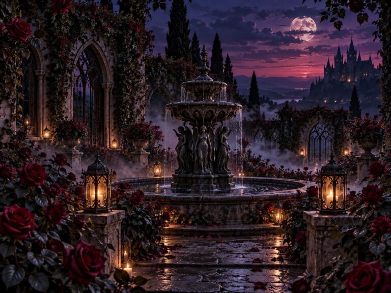Fondo de pantalla gotico jardin fuente rosas