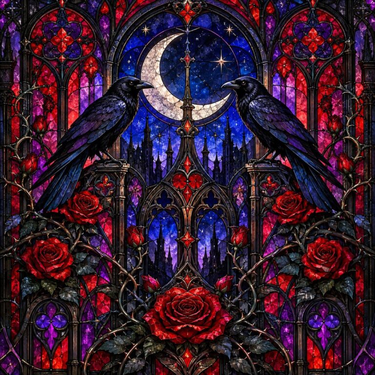 Fondo de pantalla gotico vitral cuervos luna