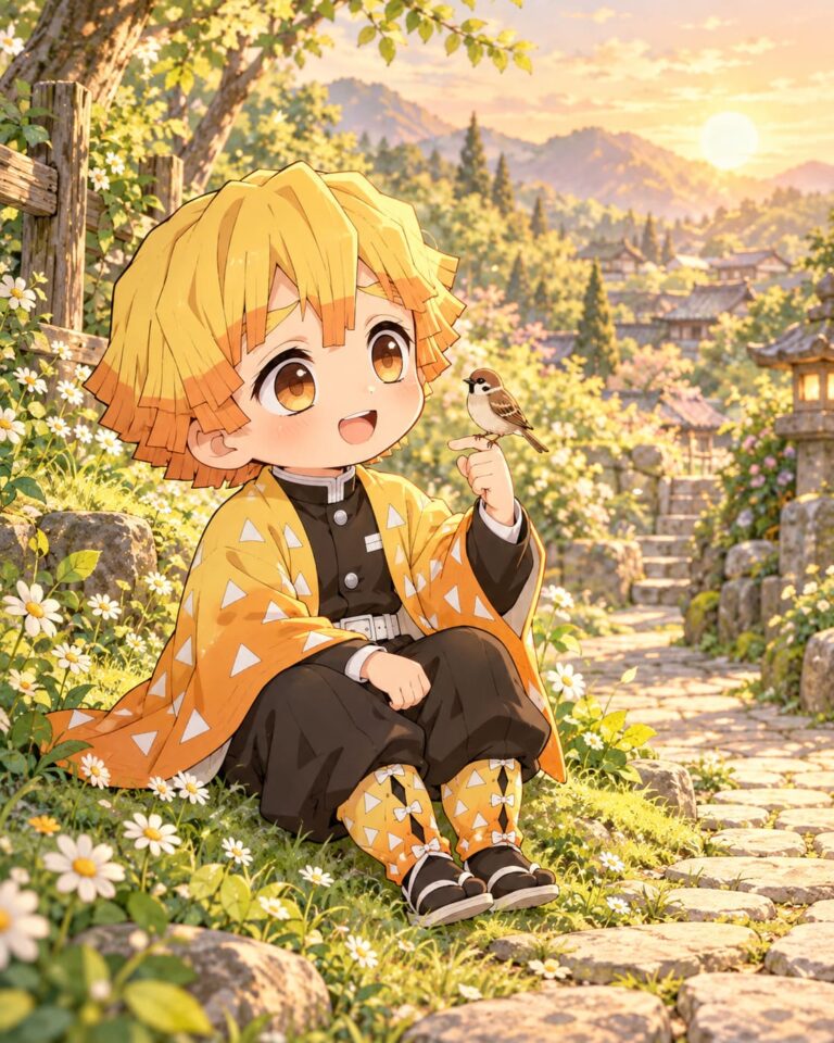 Zenitsu fondo de pantalla chibi y gorrion