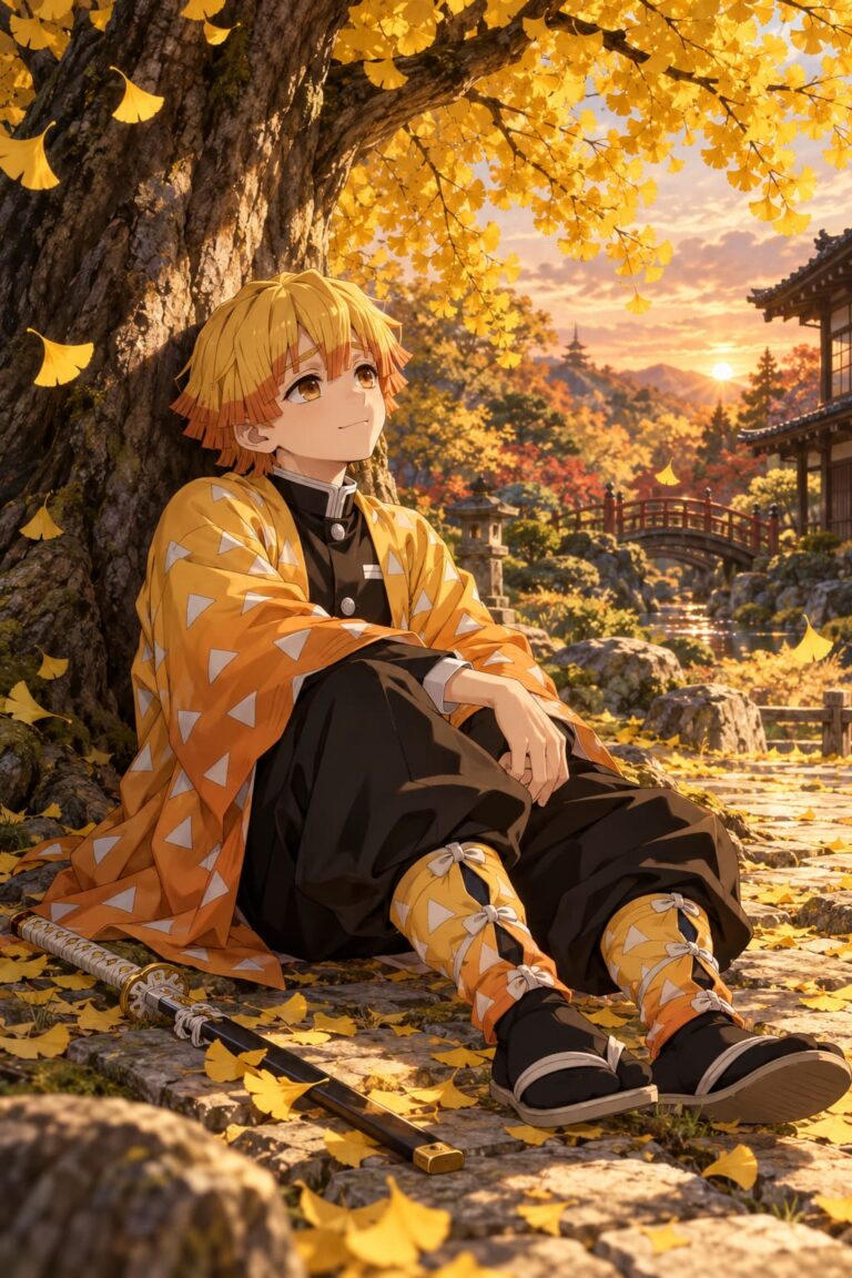Zenitsu fondo de pantalla descanso bajo el ginkgo