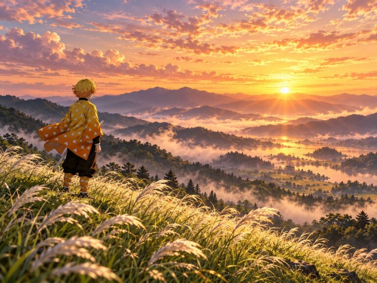 Zenitsu fondo de pantalla pradera al amanecer