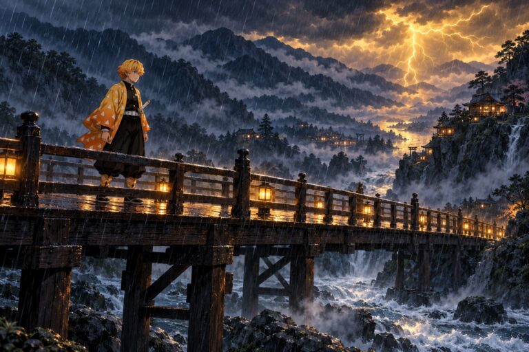 Zenitsu fondo de pantalla puente bajo la tormenta