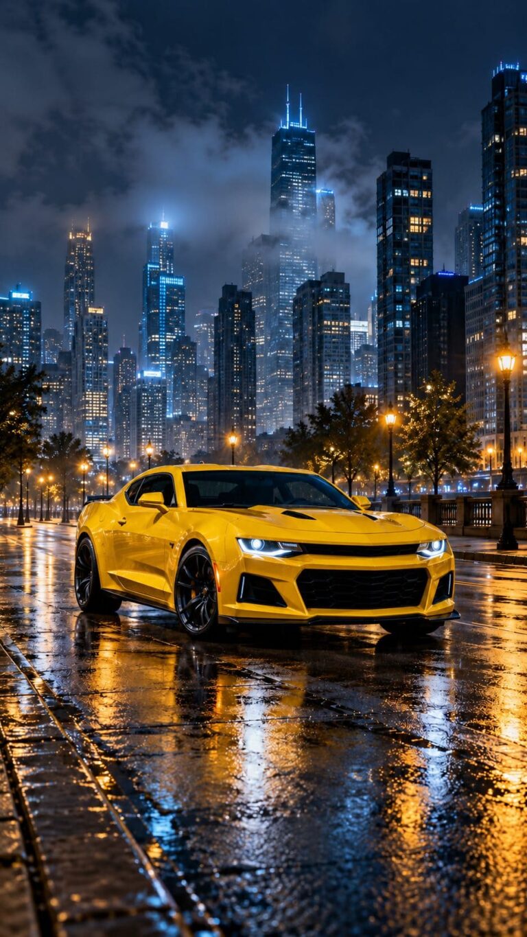 Camaro amarillo ciudad nocturna