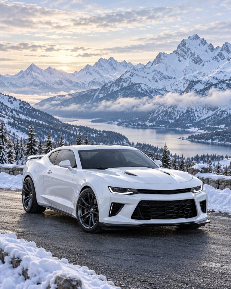 Camaro blanco montanas nevadas