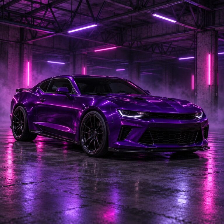 Camaro morado garaje neon
