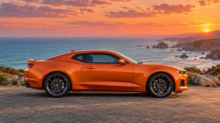 Camaro naranja costa atardecer
