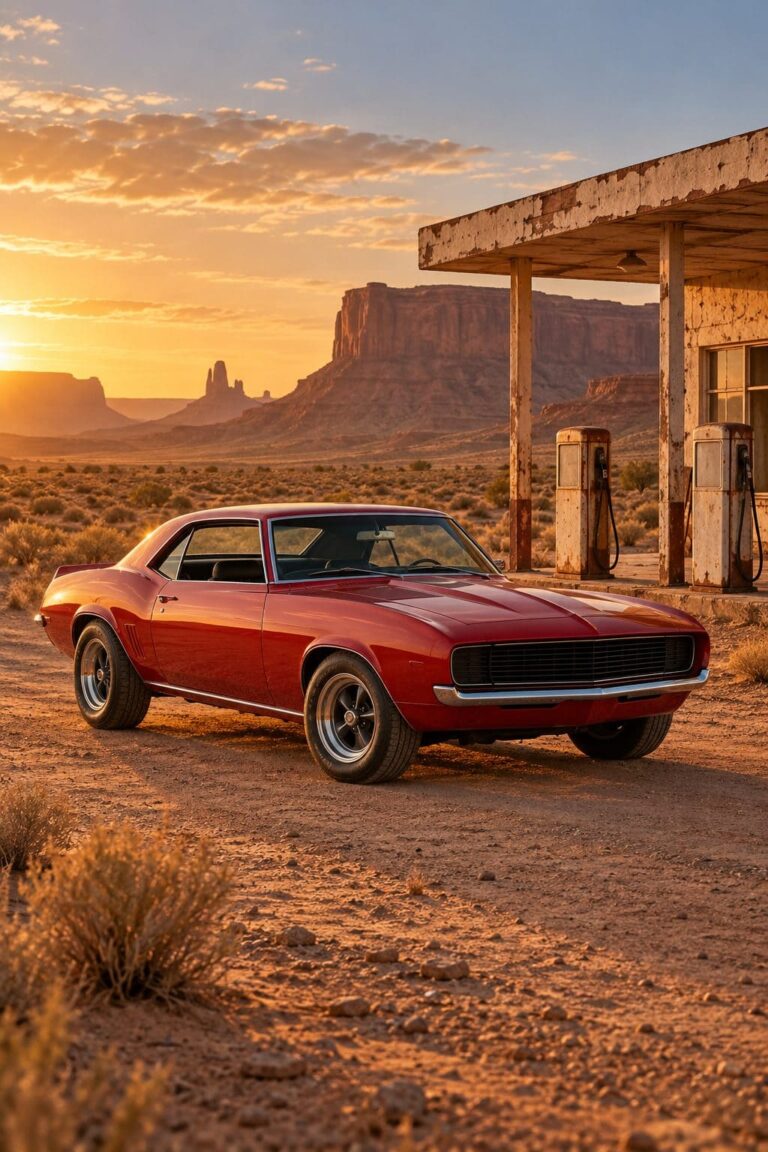 Camaro rojo gasolinera desierto