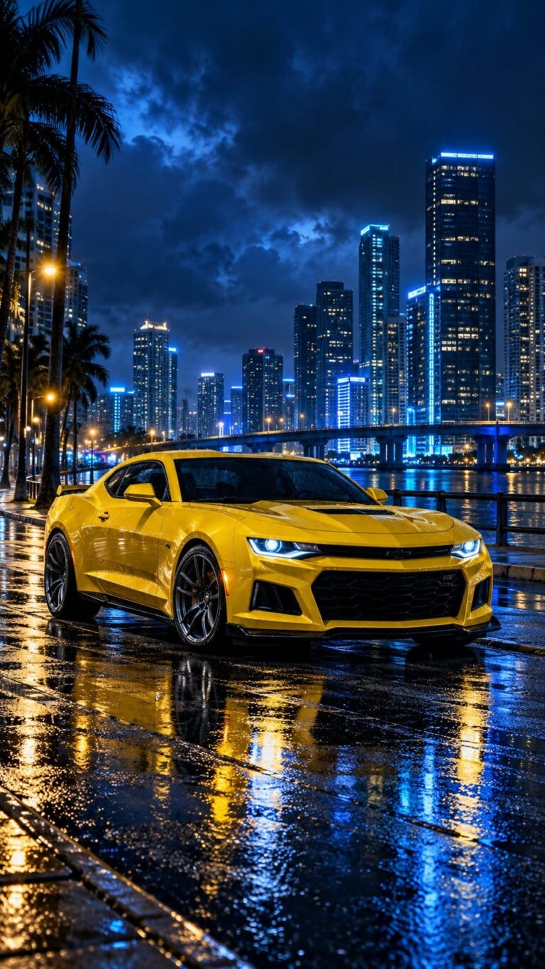 Fondo de pantalla camaro amarillo noche lluviosa