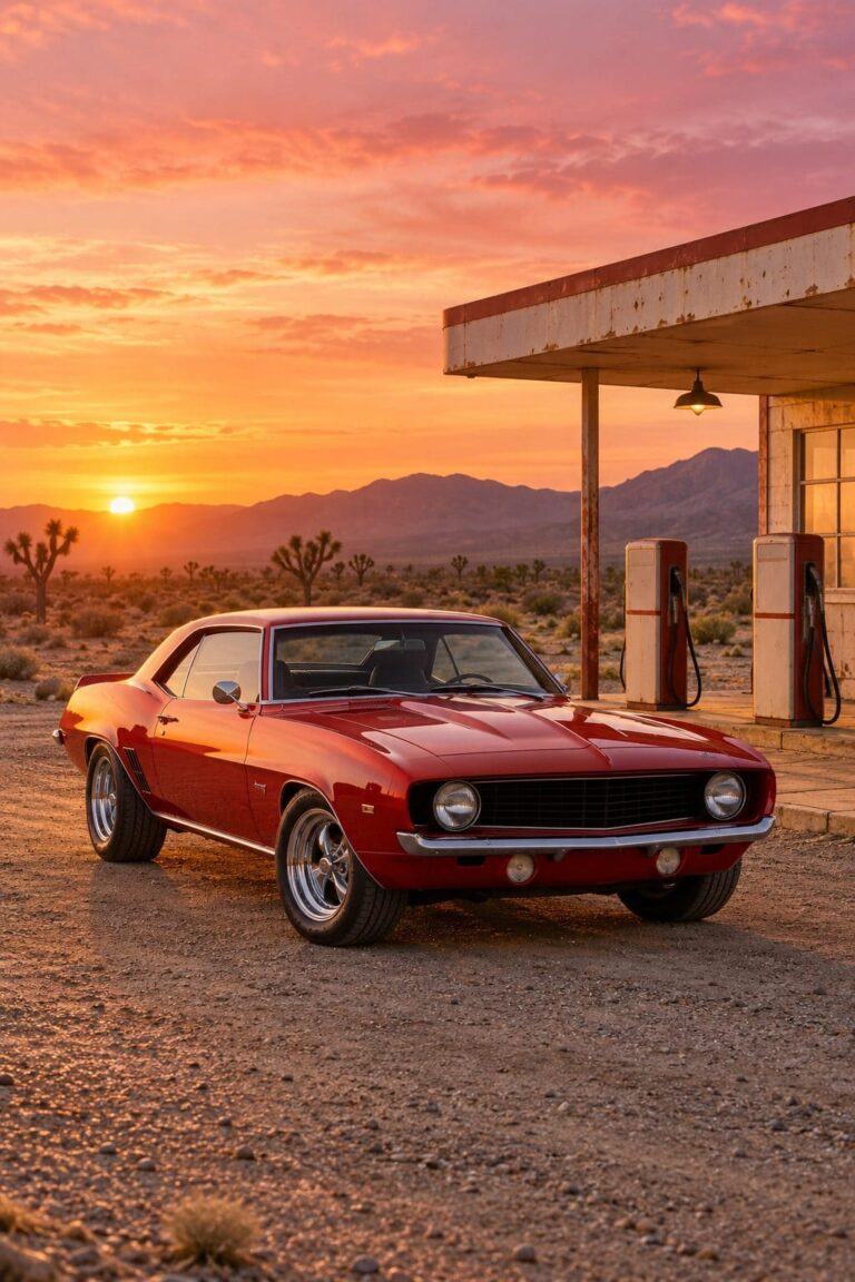 Fondo de pantalla camaro clasico rojo gasolinera