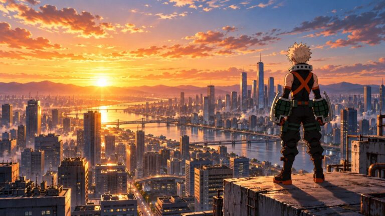 Fondo de pantalla de bakugou ciudad al amanecer