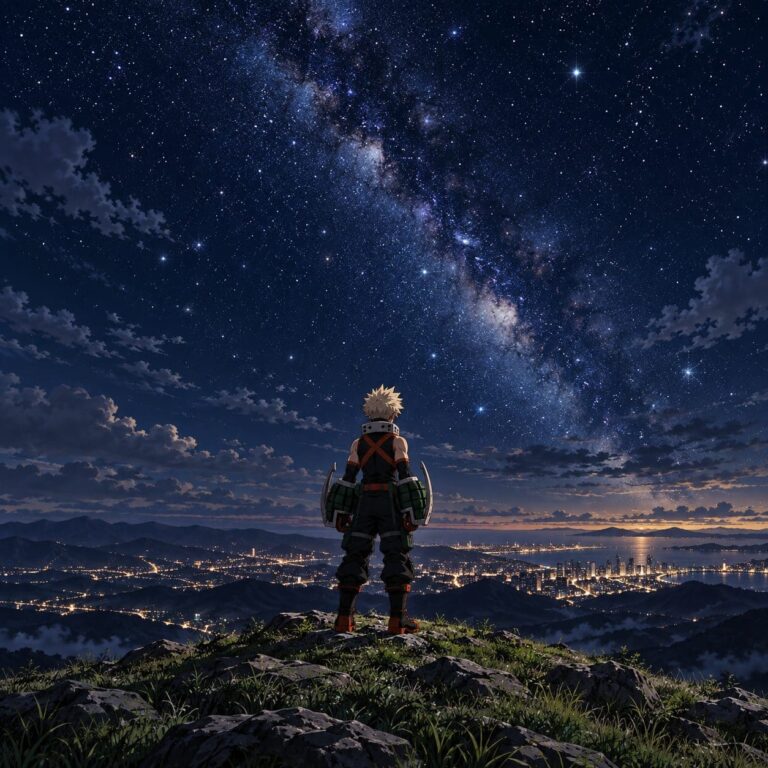 Fondo de pantalla de bakugou colina bajo las estrellas