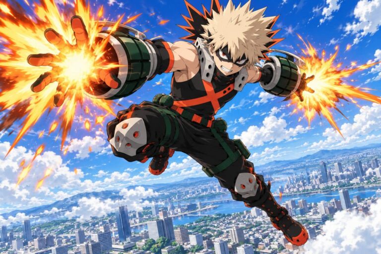 Fondo de pantalla de bakugou salto con explosiones