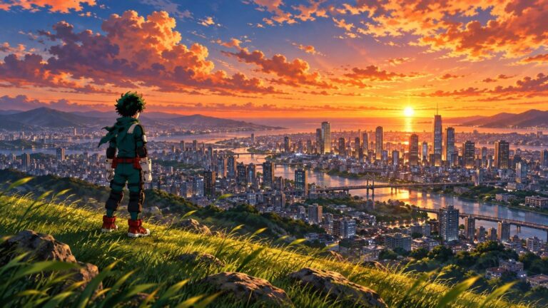 Fondo de pantalla de deku ciudad al atardecer
