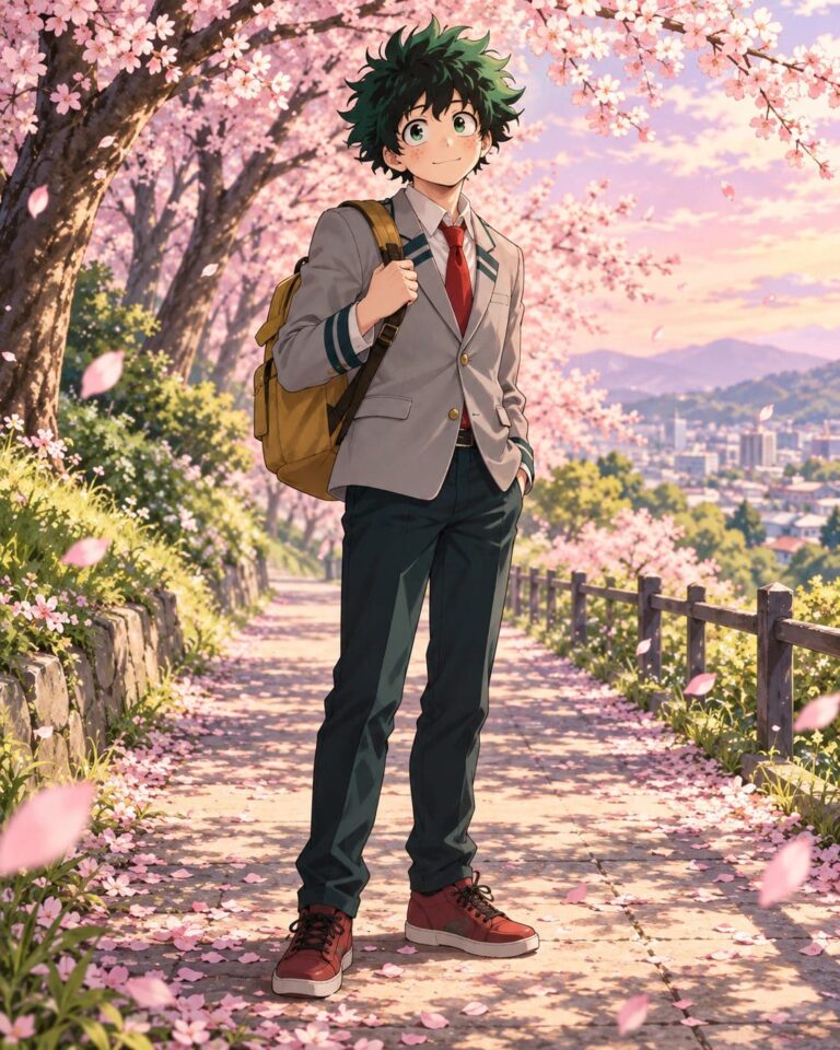Fondo de pantalla de deku uniforme entre cerezos