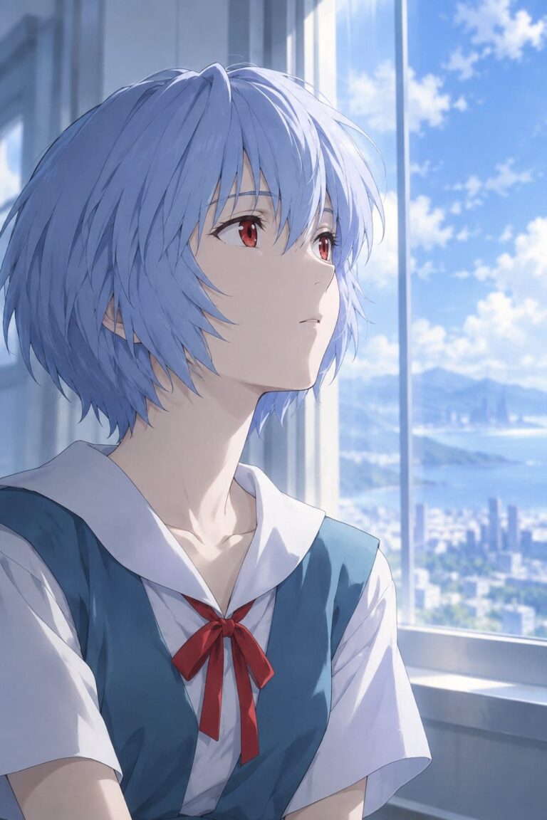 Fondo de pantalla de evangelion rei junto a la ventana