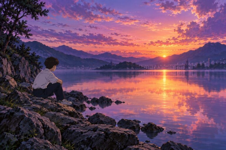 Fondo de pantalla de evangelion shinji junto al lago