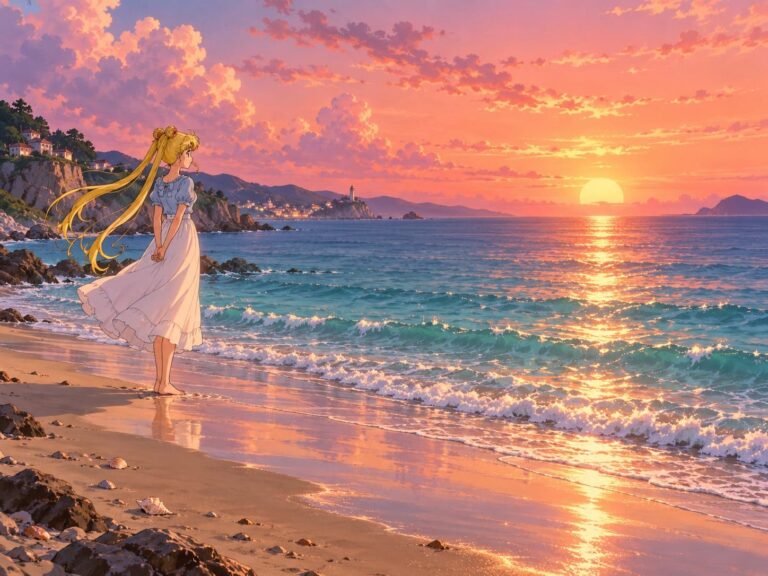 Fondo de pantalla de sailor moon atardecer en el mar