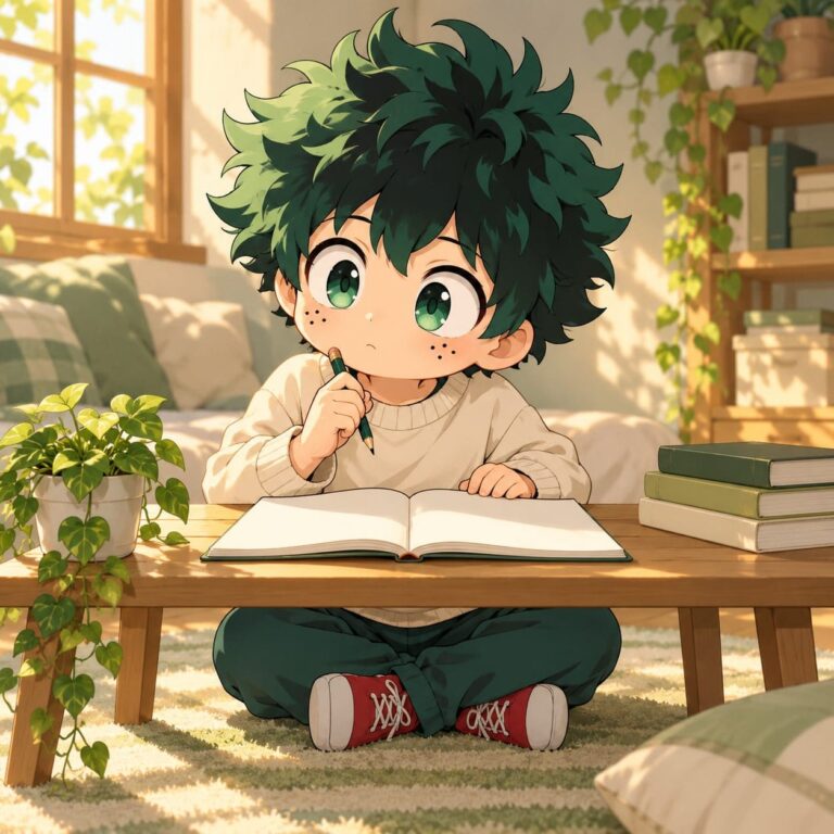 Fondo de pantalla deku chibi estudiando