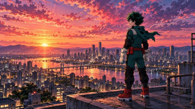 Fondo de pantalla deku ciudad al atardecer
