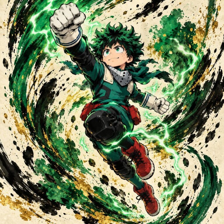 Fondo de pantalla deku salto con tinta esmeralda
