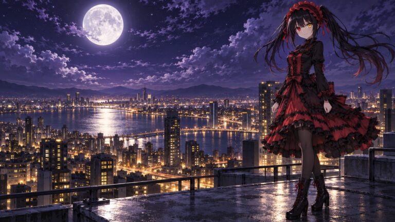 Fondo de pantalla kurumi ciudad bajo la luna