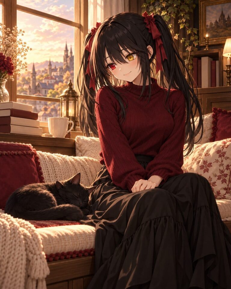 Fondo de pantalla kurumi ventana y gato negro