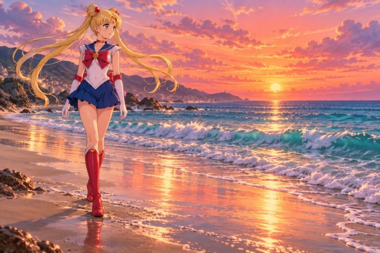 Fondo de pantalla sailor moon playa al atardecer