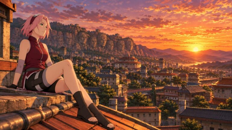 Fondo de pantalla sakura aldea al atardecer