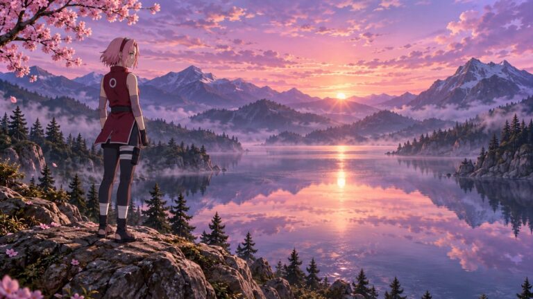 Fondo de pantalla sakura lago amanecer