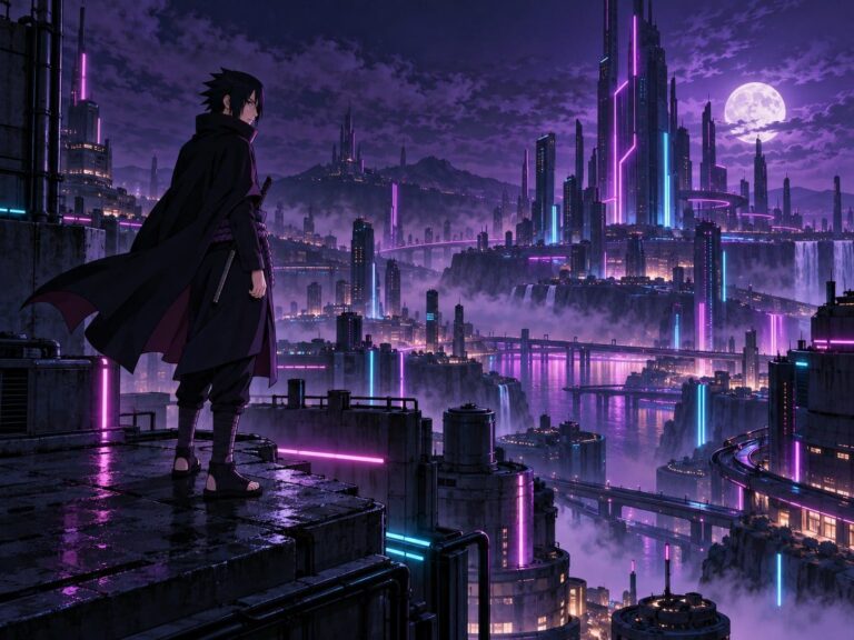 Fondo de pantalla sasuke ciudad neon