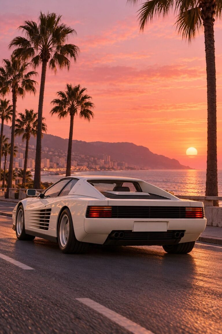 Fondos ferrari testarossa blanco palmeras