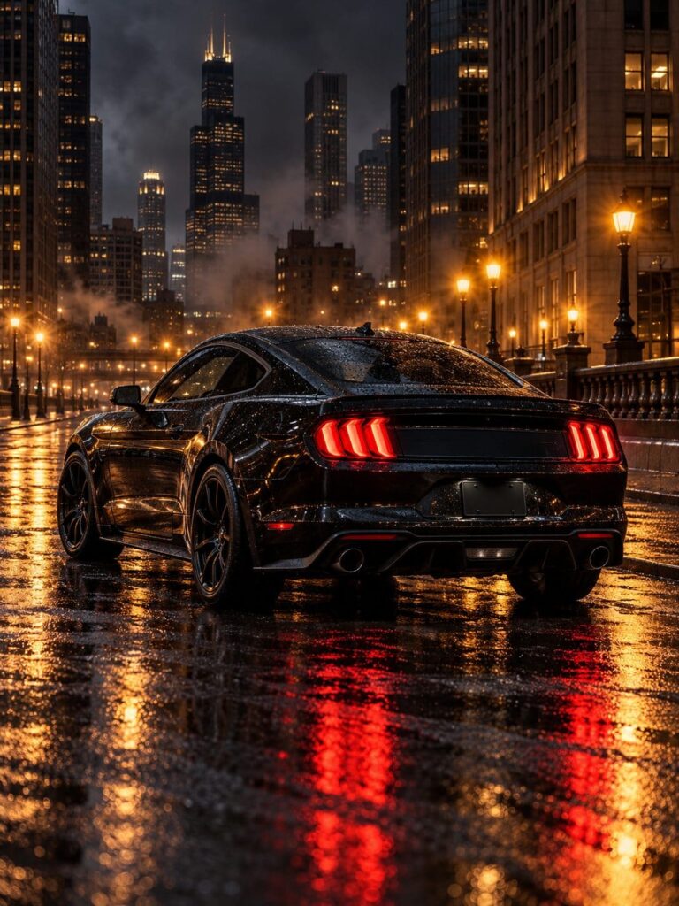 Mustang fondo de pantalla negro ciudad lluviosa